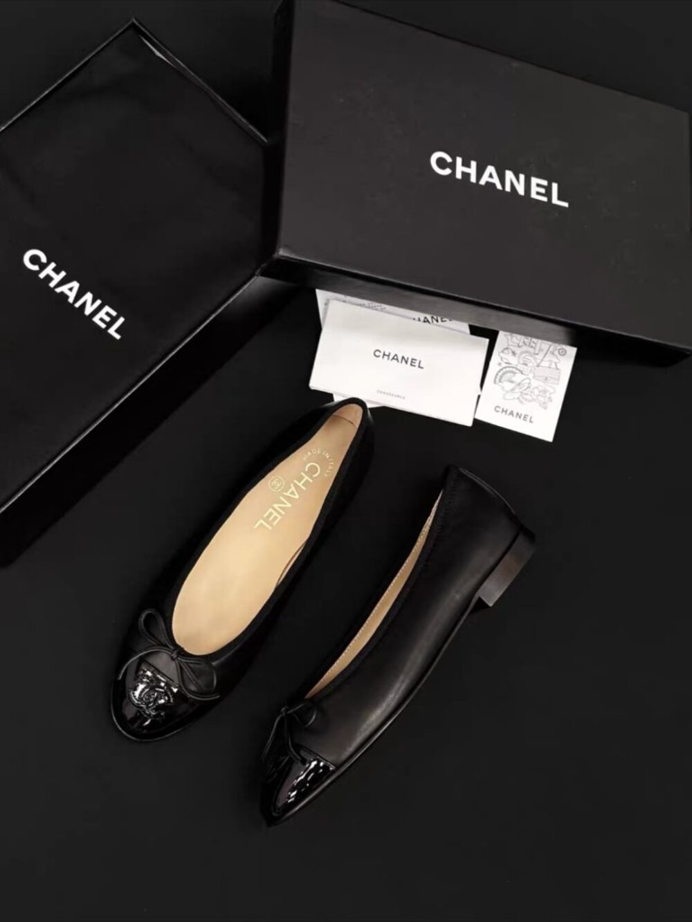Chanel Black Leather Bow CC Logo Round Toe Ballet Flats - Picture 3 of 7